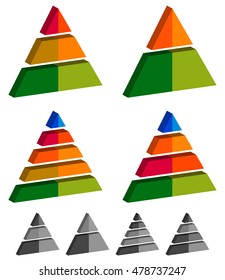 Pyramid, cone, triangle charts, graphs. 3-2-5-4 level, multilevel infographics, presentation elements