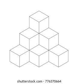 Pyramid of cubes. Flat vector outline illustration isolated on white background.