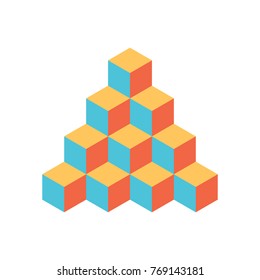 Pyramid of cubes in retro colors. 3D vector illustration isolated on white background.