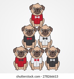 Pyramid cute pugs. Dogs, gentleman, hipster, bow tie.