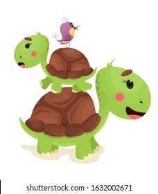 Pyramid from cute turtles and birds. Vector animal isolate in cartoon flat style. White background.