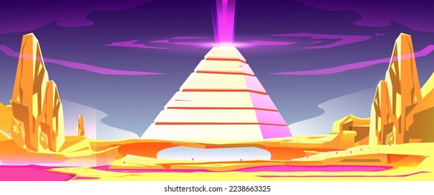Pyramid desert landscape with complex illuminated sandstone soil on bright purple fantasy rays vector background. Ancient history, fantasy pyramids
