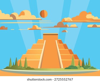 Pirámide en Ilustración vectorial de paisaje del desierto para historia, arqueología y marca de viaje. Icono del Vector del paisaje de la pirámide del desierto para el patrimonio cultural, la arqueología y el diseño de viajes.
