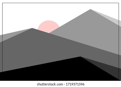 Pyramid design natural scenery vector with black, gray and white colors along with a handful of red black sun on a white background