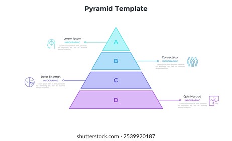 Pyramidendiagramm in vier farbige Schichten unterteilt. Konzept von 4 Stufen der Geschäftsentwicklung Fortschritt. Minimale Infografik-Entwurfsvorlage. Moderne flache Vektorgrafik zur Präsentation, Bericht.