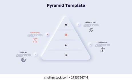 Pyramid diagram with four layers. Concept of 4 levels of development, progress or growth process. Neumorphic infographic design template. Modern clean vector illustration for business presentation.