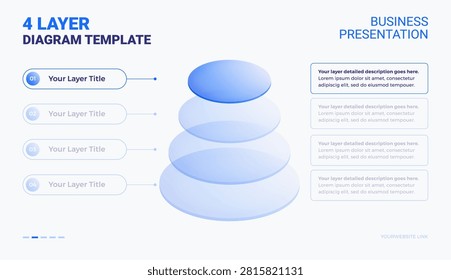 Pyramid diagram template 4 layers with space for your text - editable modern layered pyramid chart for business technology presentation slide - minimal trendy glassmorphism design
