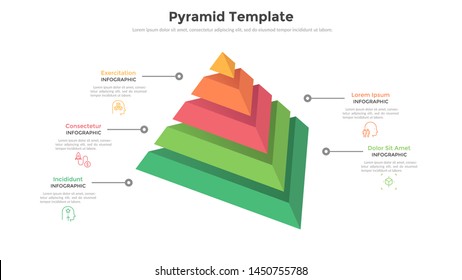 Pyramid divided into 5 parts or layers and place for text. Concept of five levels or stages of business development. Modern infographic design template. Vector illustration for presentation, report.