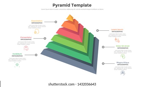 Pyramid divided into 6 parts or layers and place for text. Concept of six levels or stages of business development. Modern infographic design template. Vector illustration for presentation, report.