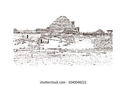 The Pyramid of Djoser, or step pyramid is an archeological remain in the Saqqara necropolis, Egypt, northwest of the city of Memphis. Hand drawn sketch illustration in vector.