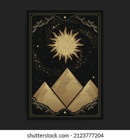 Pyramid during a solar storm with engraving or hand drawn style, luxury, celestial, esoteric, boho style, fit for spiritualist, religious, paranormal, tarot reader, astrologer or tattoo vector