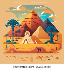 Pyramid of egypt background. History  symbols of egyptians. Egyptian landmark pyramid architecture, flat vector illustration of tourism landmark