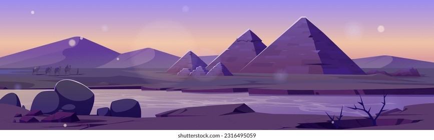 Pyramide in einer unheimlichen Wüstenoase, Vektorhintergrund für Sonnenaufgang. Ancient Nile River Szene Zeichner Banner. Arabische Archäologie, Trockenpflanze und Flusskartoon-Illustration, großes Steingrab am frühen Morgen