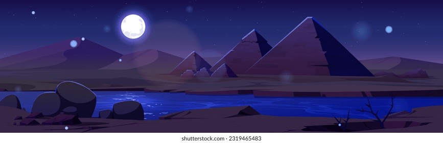 Pirámide en egipto oasis del desierto vectorial de fondo de paisaje nocturno. Pancarta de dibujo de la escena del río Nilo. Arqueología árabe cactus silvestres, ilustración de dibujos animados del río, tumba de gran piedra, luz luna llena