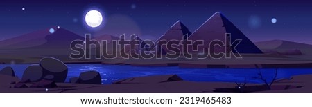 Pyramid in egypt desert oasis vector night landscape background. Ancient nile river scene drawing banner. Arabic archeology wild cactus, river cartoon illustration, great stone tomb, full moon light