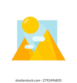 Pyramid egypt triangle with circle yellow sun blue sky icon flat vector design