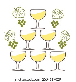 A pyramid of elegant glasses filled with white wine surrounded by grapevines and fresh grapes on a white background