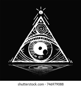 A pyramid with a eye inside. Hand drawn isolated symbol. Magic symbolism. It can be used for printing on t-shirts, postcards or your design.