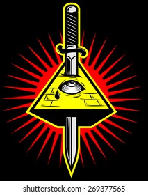Pyramid with eye killed by sword. New world order. Masonic symbol. Mystic sign. all seeing eye vector