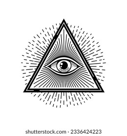 Pyramid eye magical esoteric religion mystical sign in triangle shape, doodle style. Vector occult providence symbol, sacred magical eye