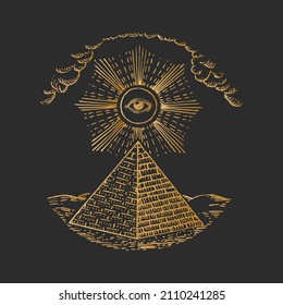 Pyramid and Eye of Providence, vector illustration in engraving style. Vintage pastiche of occult and freemasonry signs. Drawn sketch of magical and mystical symbols.