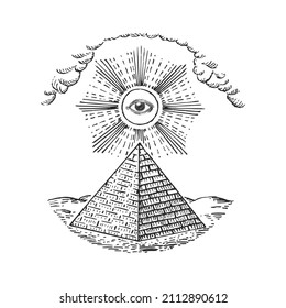 Pyramid And Eye Of Providence, Vector Illustration In Engraving Style. Vintage Pastiche Of Occult And Freemasonry Signs. Drawn Sketch Of Magical And Mystical Symbols.