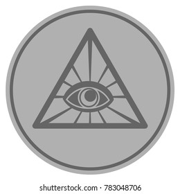 Pyramid Eye silver coin icon. Vector style is a silver grey flat coin symbol.