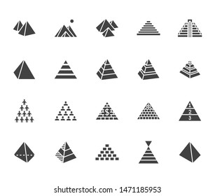 Pyramid flat glyph icon set. Egyptian monument, abstract process infographic, ponzi scheme, network marketing, leader concept vector illustrations, signs. Silhouette pictogram.