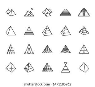 Pyramid flat line icon set. Egyptian monument, abstract process infographic, ponzi scheme, network marketing, leader concept vector illustrations, outline signs. Editable Strokes.