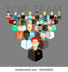 Pyramid of flat people in triangle composition Top team, man, group, crowd, society, buttons for the site, avatars, game design, extras. The hierarchy of the people, working staff, team staff.
