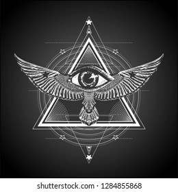 Pyramid with flying bird and eye of providence. Geometric pattern with all seeing eye. Black nad white print for t shirt. Sketch of tattoo art. Masonic symbol. Boho chic.