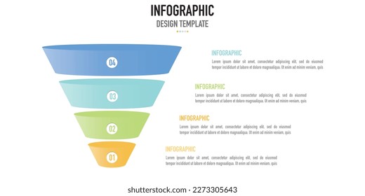 Plantilla o elemento infográfico de pirámide o embudo para presentación o diapositiva de negocios, incluyendo 4 pasos o proceso con capa colorida, venta, simple, mínimo, estilo moderno, 3D, hoja de ruta, cronología