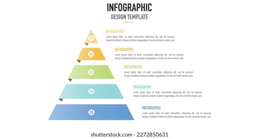 Pyramid, Trichter, Pipeline-Infografik-Vorlage oder Element als Vektorgrafik mit 5 Schritten, Prozess, mit bunten Schicht und Zahl für Folie oder Präsentation, einfach, minimal, modern Stil, Zeitstrahl, Ziel