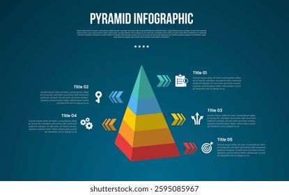 pyramid or funnel template infographic with 3d shape with shadow and arrow opposite direction with 5 point dark background style for slide presentation vector