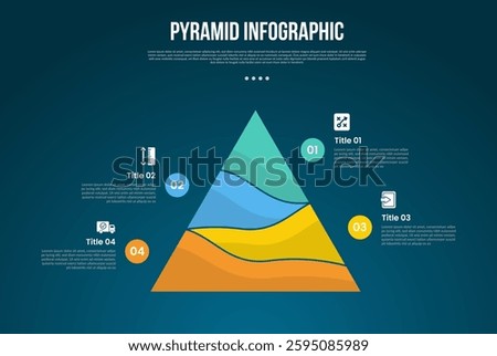 pyramid or funnel template infographic with big pyramid with curved slice smooth with 4 point dark background style for slide presentation vector