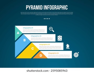 pyramid or funnel template infographic with creative slice shape with sharp rectangle with 4 point dark background style for slide presentation vector