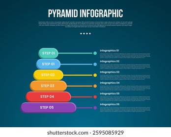 pyramid or funnel template infographic with round rectangle stacked with line pointer with 5 point dark background style for slide presentation vector