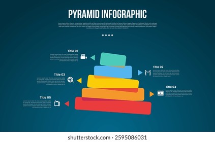 pyramid or funnel template infographic with round rectangle unbalance stacked with 5 point dark background style for slide presentation vector