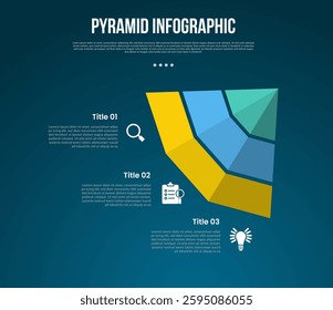 pyramid or funnel template infographic with spider shape skew on top right with 3 point dark background style for slide presentation vector