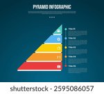 pyramid or funnel template infographic with triangle standing shape with point stacked list with 5 point dark background style for slide presentation vector