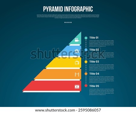 pyramid or funnel template infographic with triangle standing shape with point stacked list with 5 point dark background style for slide presentation vector