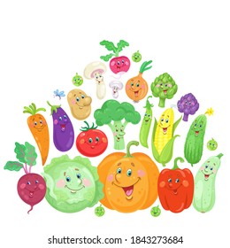 A pyramid of funny vegetables. In cartoon style. Isolated on white background. Vector flat illustration. Place for text.