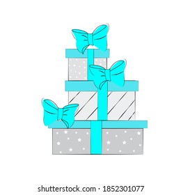 
Pirámide de cajas de regalo, cajas de regalo envueltas y atadas con arcos azules, ilustración vectorial para las vacaciones de invierno,Regalos para una fiesta especial.