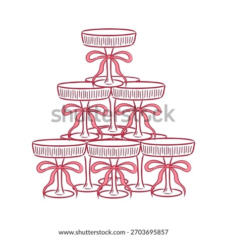 Pyramid of glasses, champagne tower. Element of alcoholic party, whimsical glasses