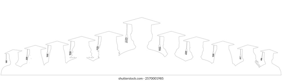 Pyramid of graduates students with academic caps, contour. Graduation ceremony. Vector illustration.