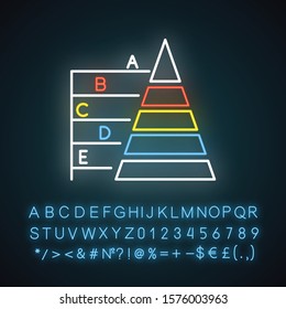 Pyramid graph neon light icon. Information hierarchy chart. Data connection presentation. Business model visualisation. Glowing sign with alphabet, numbers and symbols. Vector isolated illustration