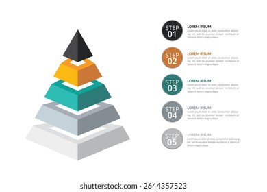 Plantilla de gráficos piramidales con cinco pasos coloridos, perfecto para presentaciones de negocios y visualización de datos. 
