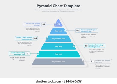 Plantilla de gráfico de pirámide con seis pasos coloridos. Fácil de usar para su sitio web o presentación.