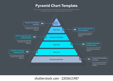 Pyramid graph template with six colorful steps - dark version. Slide for business presentation.