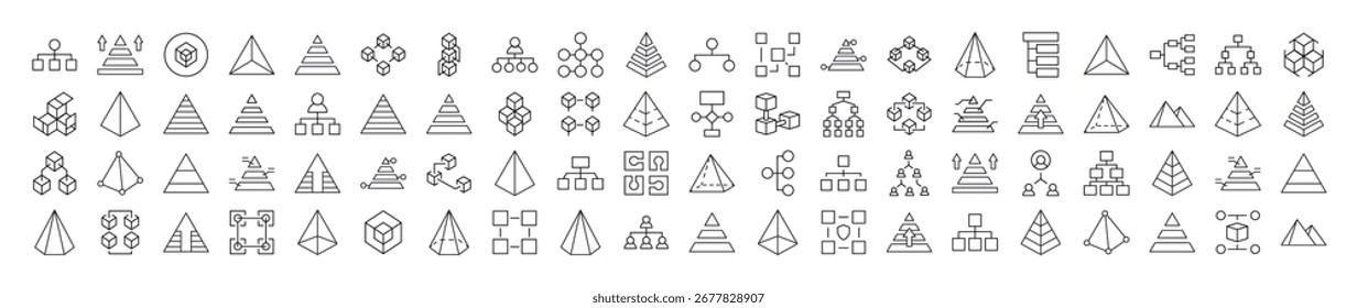 Pirâmide, Hierarquia, Coleção de Ícones de Linha de Cubos. Outline Signs para Gráficos e Web Design, Apps, Anúncios, Vários Cartões 